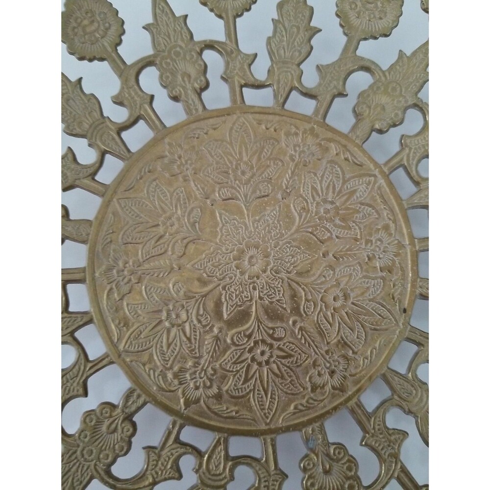 Vintage Brass Metal Bowl plate Reticulated Floral Design Footed Pedestal 10" - Picture 3 of 6